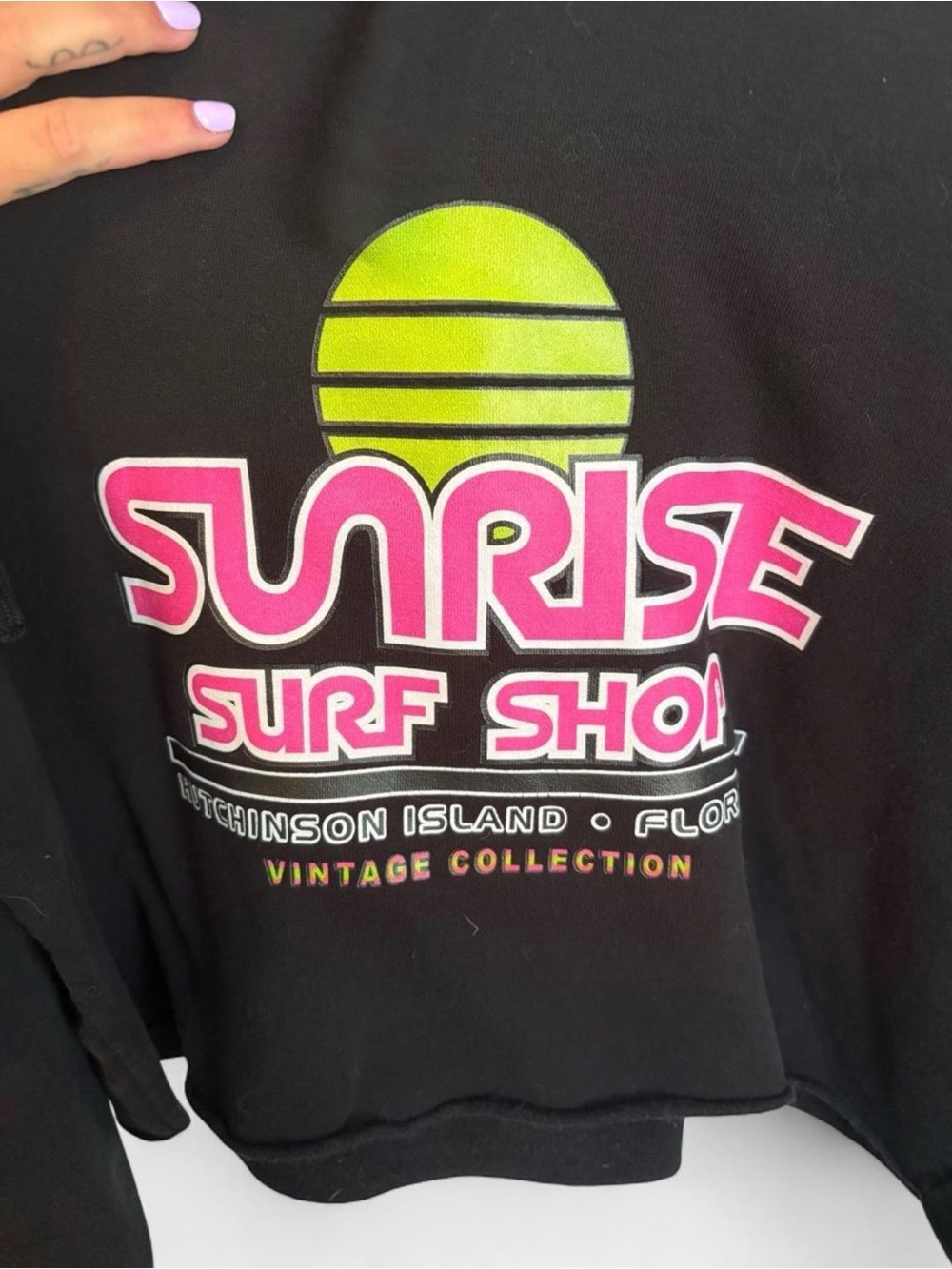 Sunrise Surf Shop Black Cropped Hoodie with Neon Logo - Picture 2 of 6